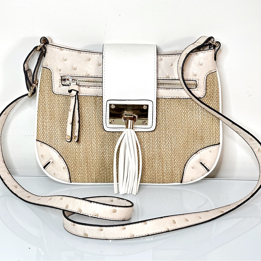 Aldo Ostrich Straw Crossbody Ivory Tan